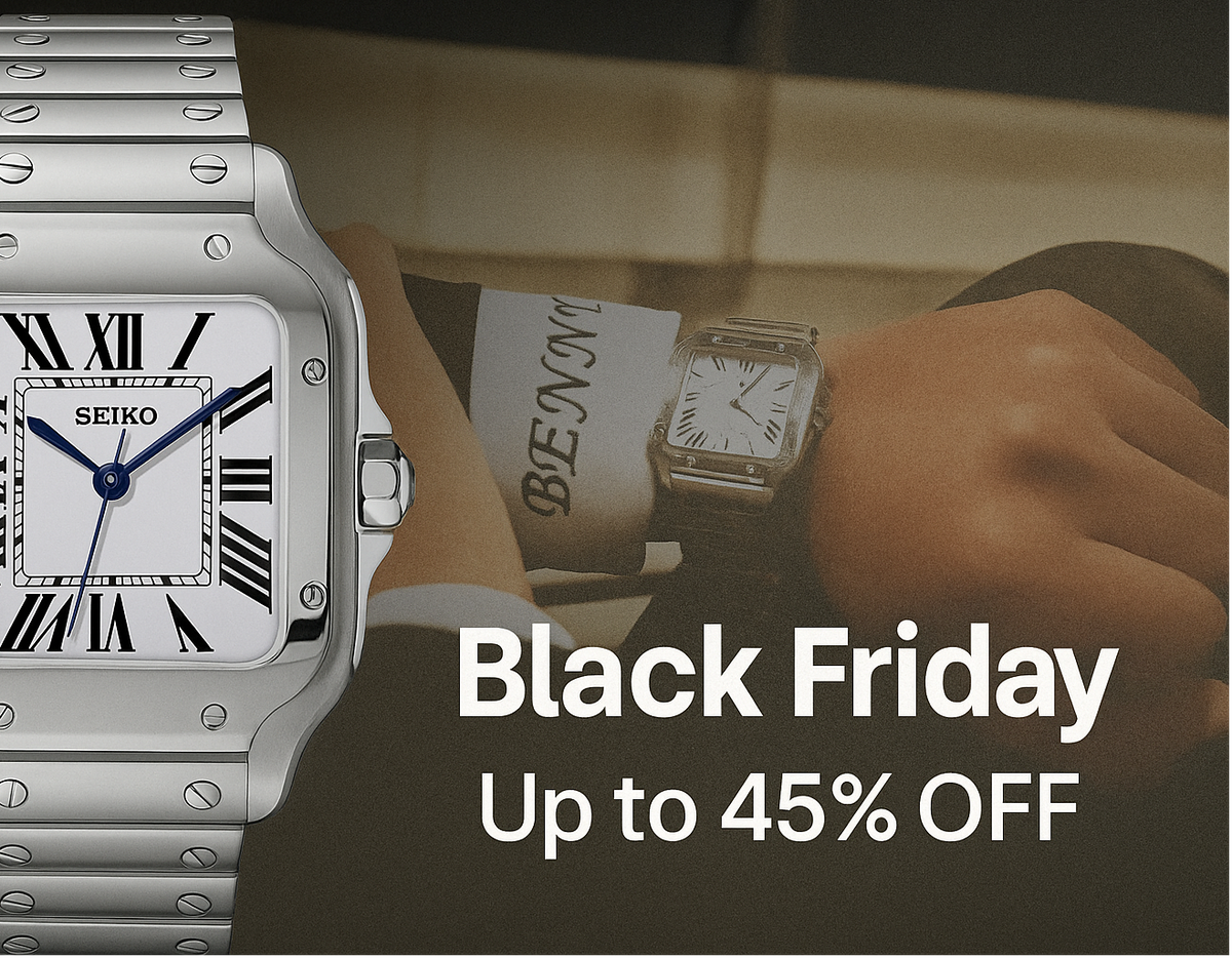 Silver Seiko watch with 'Black Friday' sale text on a blurred background