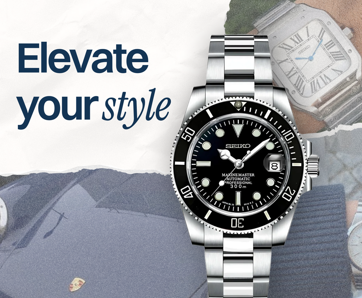 Seiko watch with text 'Elevate your style' on a collage background