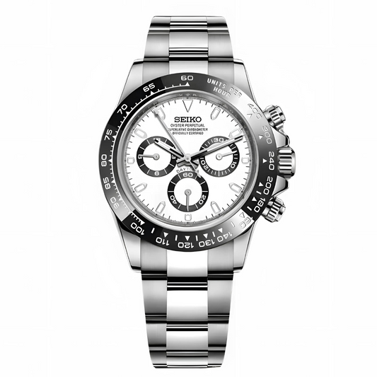 Seiko watch with silver and black design on a white background