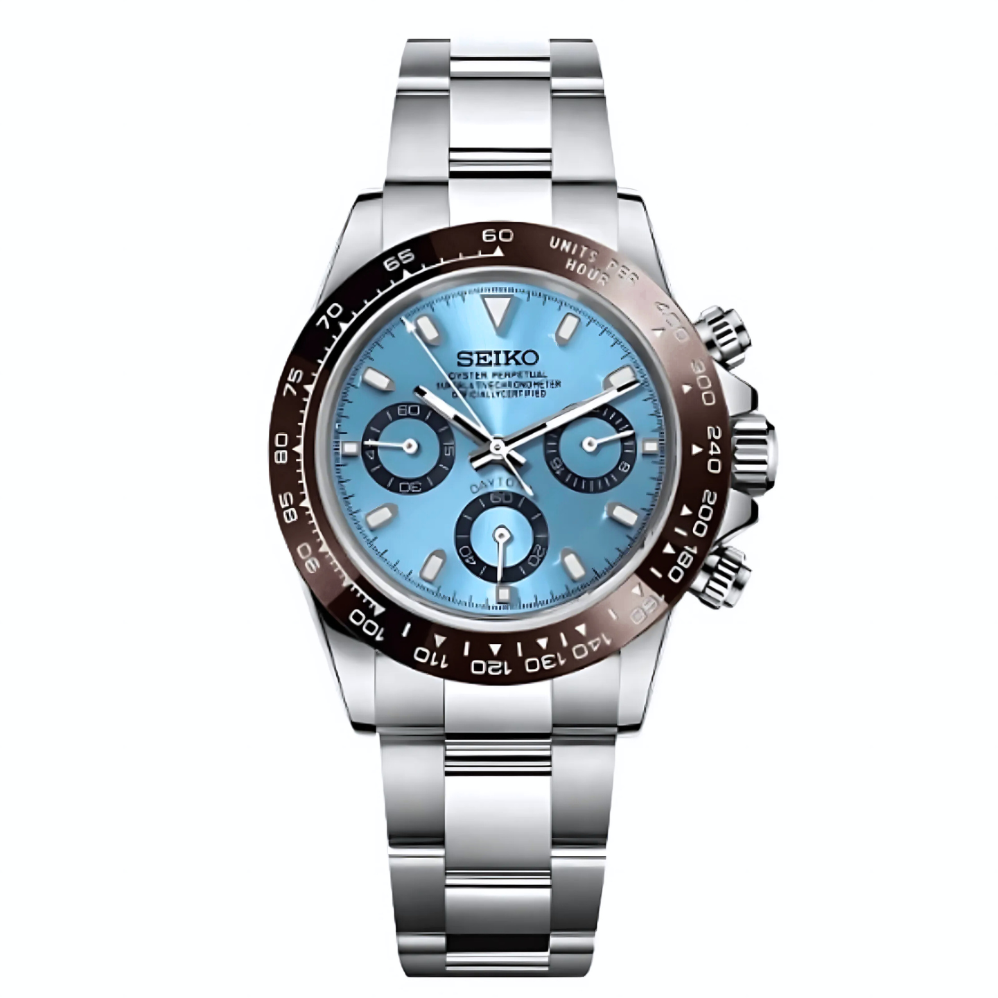 Seiko watch with a blue face and silver band on a white background