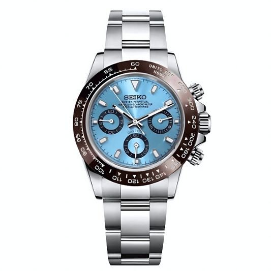 Seiko watch with a blue face and silver band on a white background